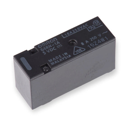 Omron Relay 24V DC SPST 8A PCB Mount G6RN-1A DC24 (G6RN-1A-DC24), top view of black rectangular relay with printed markings and mounting holes, on white background.
