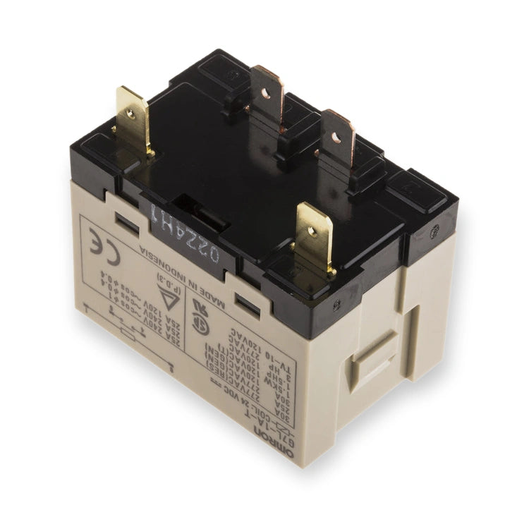 Omron Relay 24V DC 30A SPST Panel Mount G7L-1A-T DC24 (G7L-1A-T-DC24), label side with black top and gold mounting tabs, on white background.