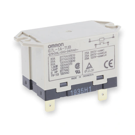 Omron Relay SPST 240V AC 30A Panel Mount G7L-1A-TUB 200/240AC (G7L-1A-TUB-200-240AC), label side with printed specifications and metal mounting tabs, on white background.