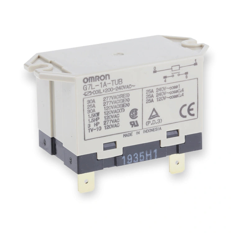 Omron Relay SPST 240V AC 30A Panel Mount G7L-1A-TUB 200/240AC (G7L-1A-TUB-200-240AC), label side with printed specifications and metal mounting tabs, on white background.