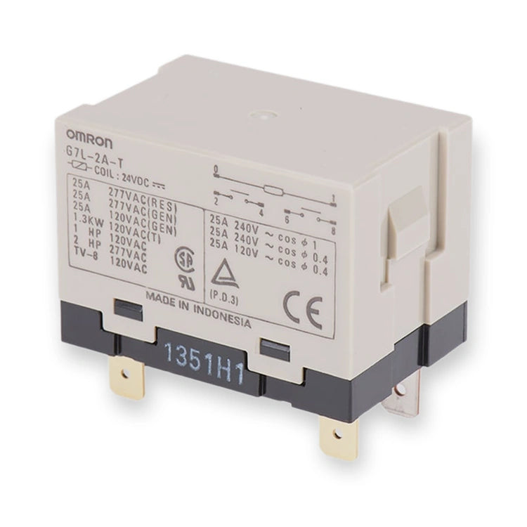 Omron Relay 24V DC Coil 25A DPST Panel Mount G7L-2A-T DC24 (G7L-2A-T-DC24), front label with printed specs and gold mounting tabs, on white background.