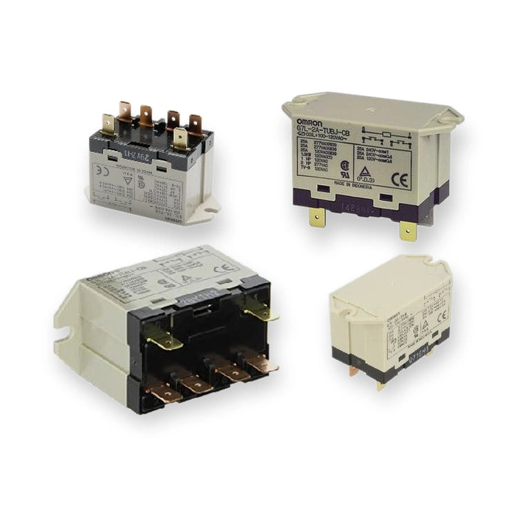 Omron Relay DPST 24V DC 25A Panel Mount G7L-2A-TUB DC24 (G7L-2A-TUB-DC24), four relay views showing label sides, terminal pins, and open socket interior, on white background.