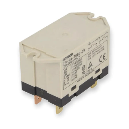 Omron G7L-2A-TUBJ-CB Relay 25A AC200/240 (G7L-2A-TUBJ-CB-AC200-240), beige relay with printed label and metal pins, viewed from above, on white background.