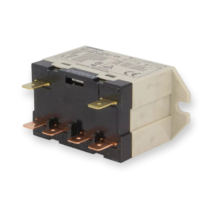 Omron G7L-2A-TUBJ-CB Relay 25A AC200/240 (G7L-2A-TUBJ-CB-AC200-240), top label and copper terminals viewed from an angled side perspective, on white background.