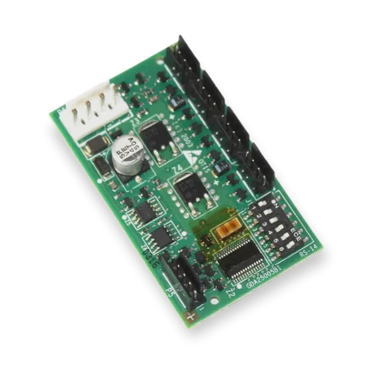 OTIS RS14 Remote Board GDA25005B1, top-down view of green circuit board with black connectors and silver capacitor, on white background.