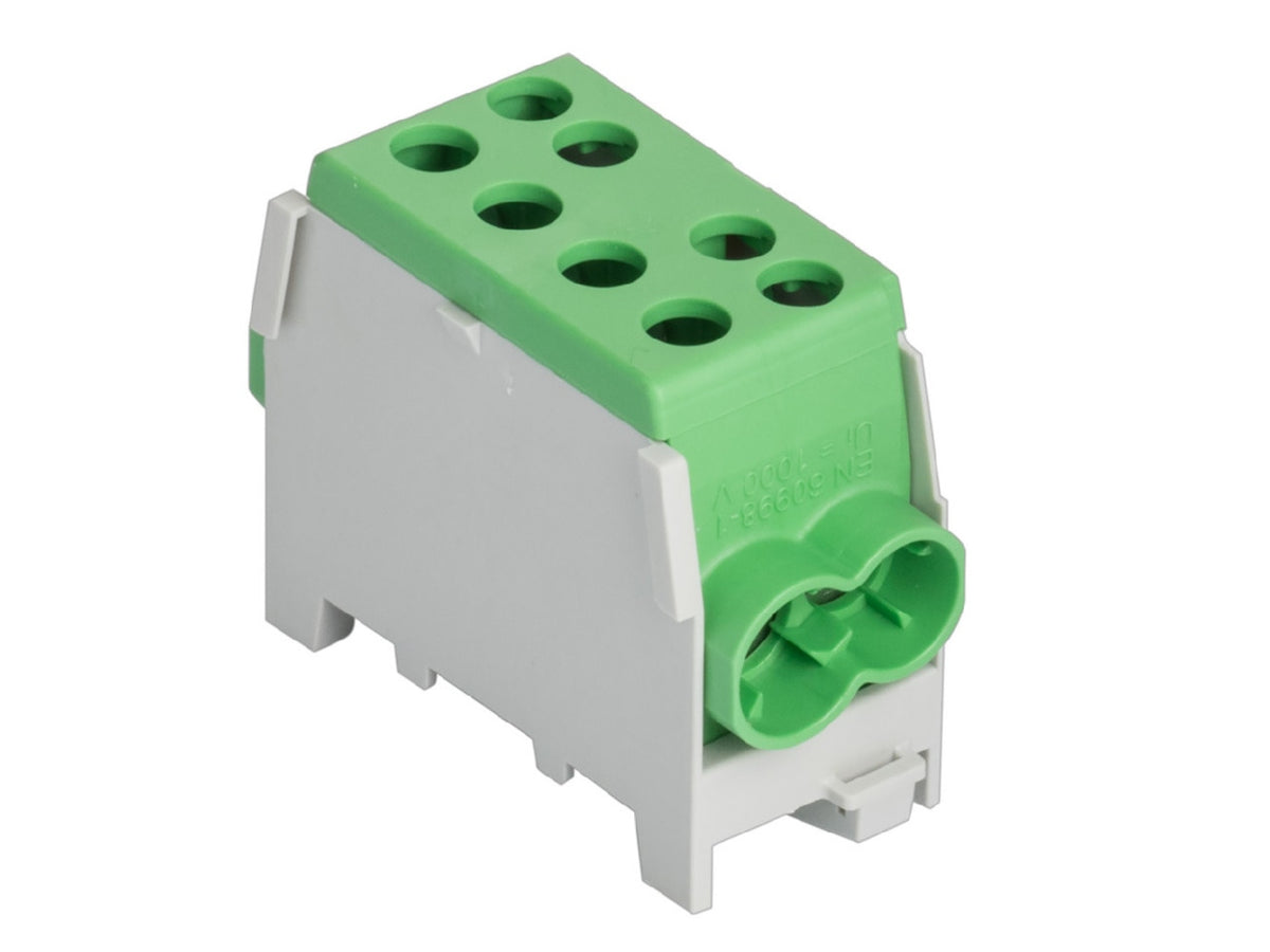 Pollmann HLAK 35-1/2 M2 Green Main-Line Branch Terminal Block on white background.
