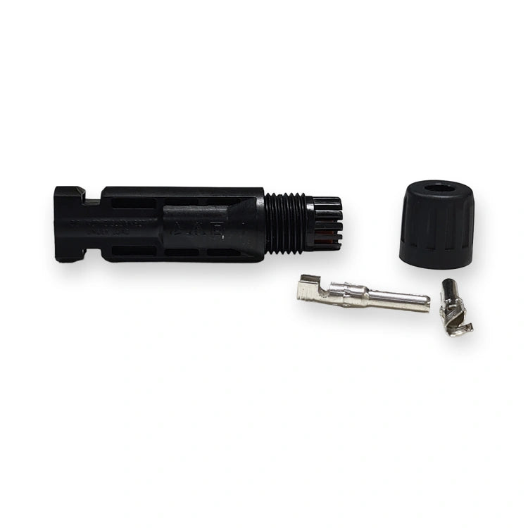 MC4-compatible male solar connector housing with sealing nut, metal contact pin and crimp sleeve, side view on white background.
