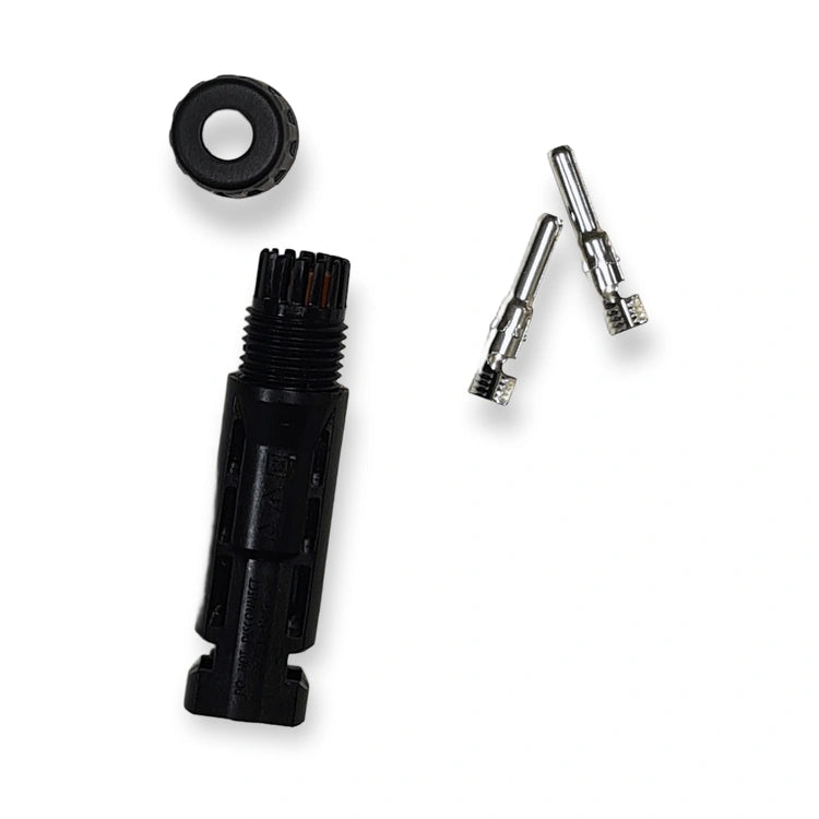 MC4-compatible male solar connector housing HTC-16 with cable nut and two crimp contact pins, top view on white background.