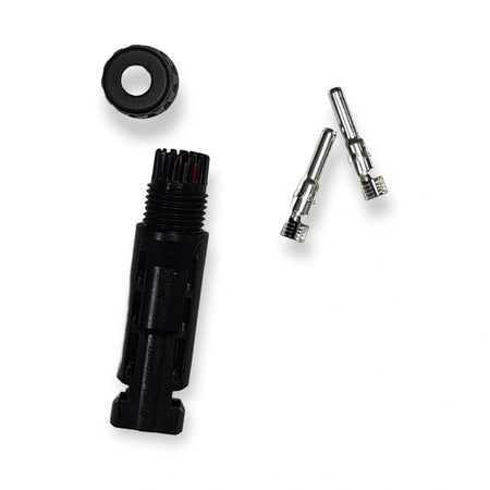 MC4-compatible male solar connector housing HTC-16 with cable nut and two crimp contact pins, top view on white background.