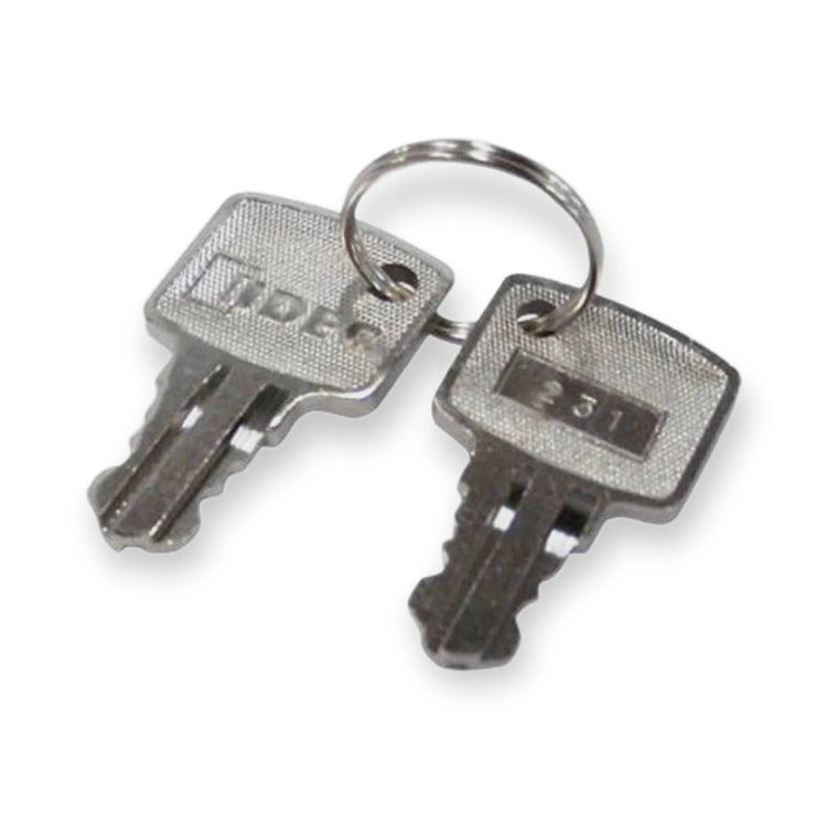 IDEC 231 short key HW9Z-SKP, top view of two metal keys on a ring with embossed heads, on white background.