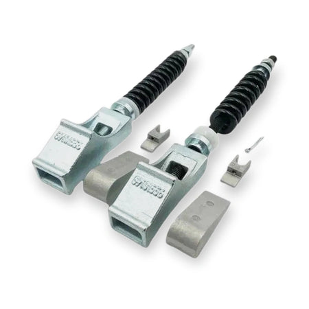 Fits Schindler 3300 Tie Rod Belt (SKU ID.NR.59101556-Tie-Rod-L315), top-down view of two threaded studs with metal brackets and small clips, on white background.