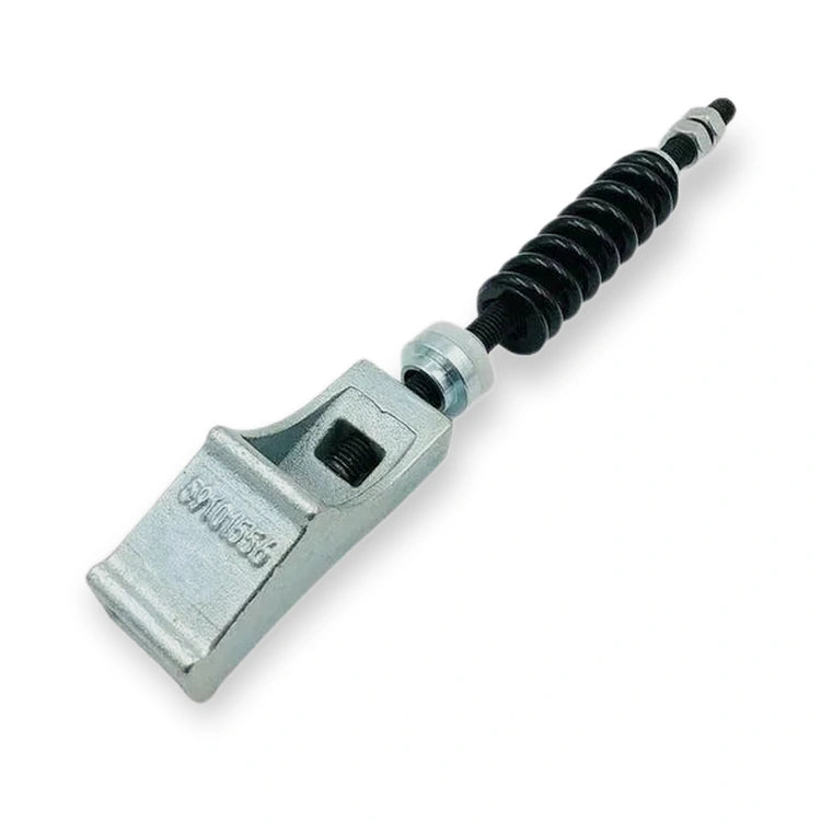 Fits Schindler 3300 Tie Rod Belt (SKU ID.NR.59101556-Tie-Rod-L315), diagonal view of metal bracket with threaded hole and black spring rod, on white background.