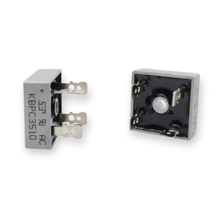 Rectifier bridge KBPC1510 1000V 15A, side and top views showing metal terminals and black internal housing, on white background.