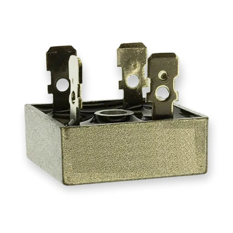 KBPC2510 Bridge Rectifier 25A 1000V, angled view of a rectangular base with three vertical metal terminals, on white background.