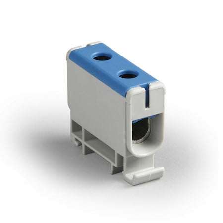 Ensto Clampo Pro KE61.2 Terminal Block, Blue, 1-pole, Al 6-50/Cu 2.5-50mm² on white background.