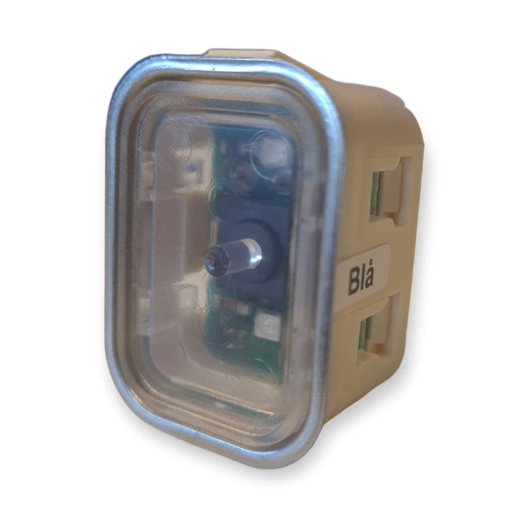 LiftLogic KK35 blue buzzer signal unit with clear lens and cream housing, marked Bla, three-quarter view on white background.