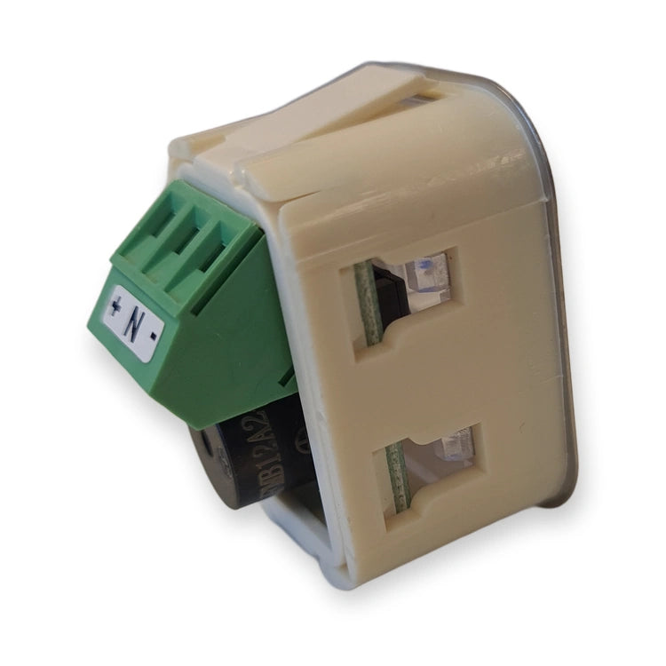 LiftLogic KK35 buzzer unit side view with the green screw terminal and housing clips, on white background.