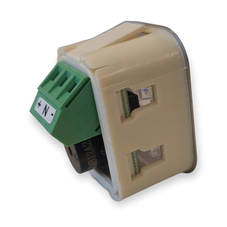 LiftLogic KK35 buzzer unit side view with the green screw terminal and housing clips, on white background.