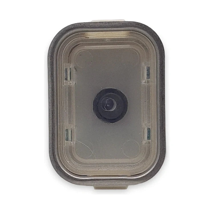 LiftLogic KK35 HM-2535 micro-switch call button, red LED version, clear lens, front view on white background.