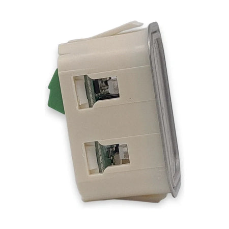 LiftLogic KK35 call button side view showing the housing clips and green screw terminal, on white background.