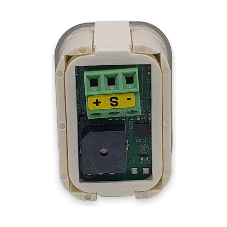 Back of LiftLogic KK35 RGB push button showing the circuit board, buzzer and + S - screw terminal, on white background.
