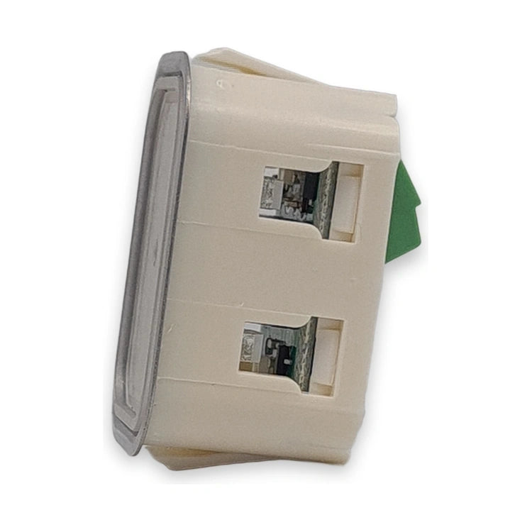 LiftLogic KK35 RGB push button side view, cream housing with mounting clips, on white background.