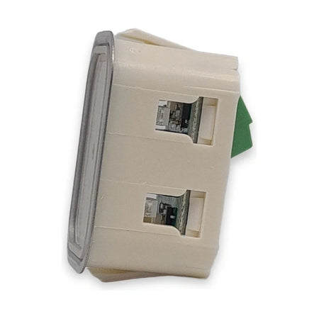 LiftLogic KK35 call button side view, cream housing with mounting clips, on white background.