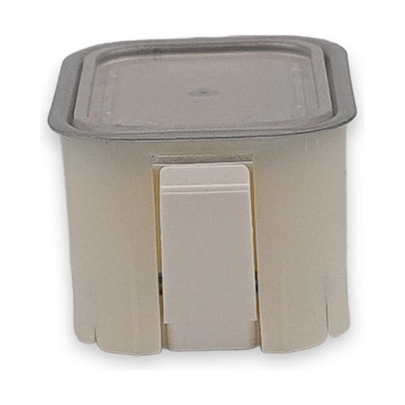 LiftLogic KK35 RGB push button seen from above, clear lens with grey rim and front clip, on white background.