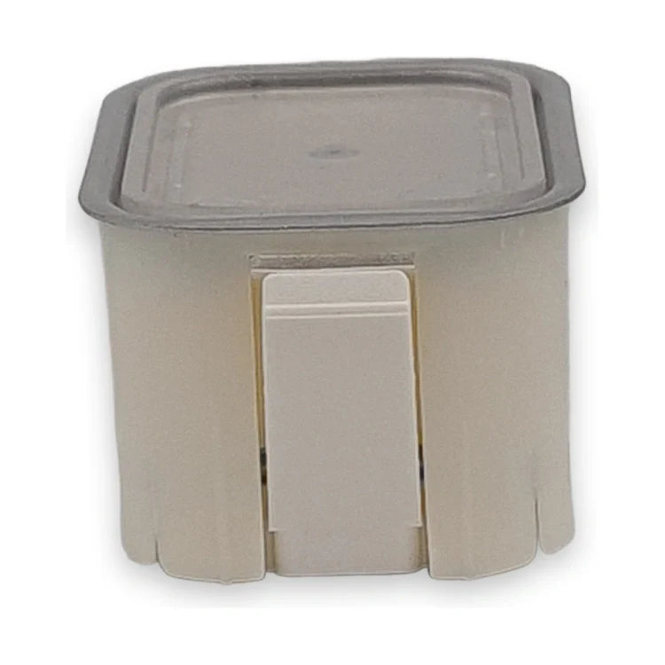 LiftLogic KK35 call button seen from above, clear lens with grey rim and front clip, on white background.