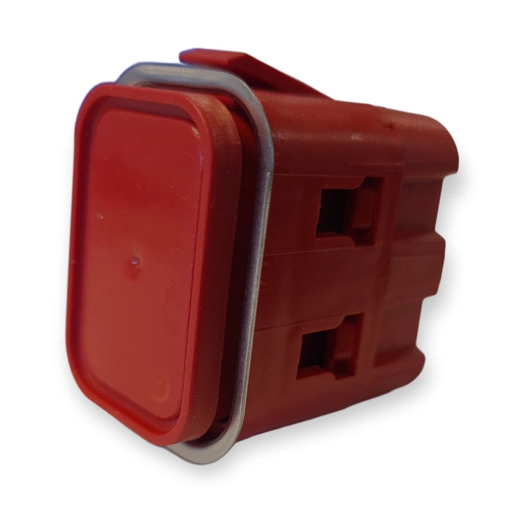 LiftLogic KK35 red stop button, three-quarter view showing the red cap and housing clips, on white background.