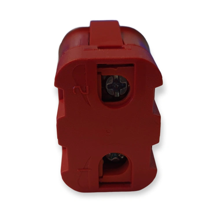Side of LiftLogic KK35 red stop button showing the two screw fixings in the red housing, on white background.
