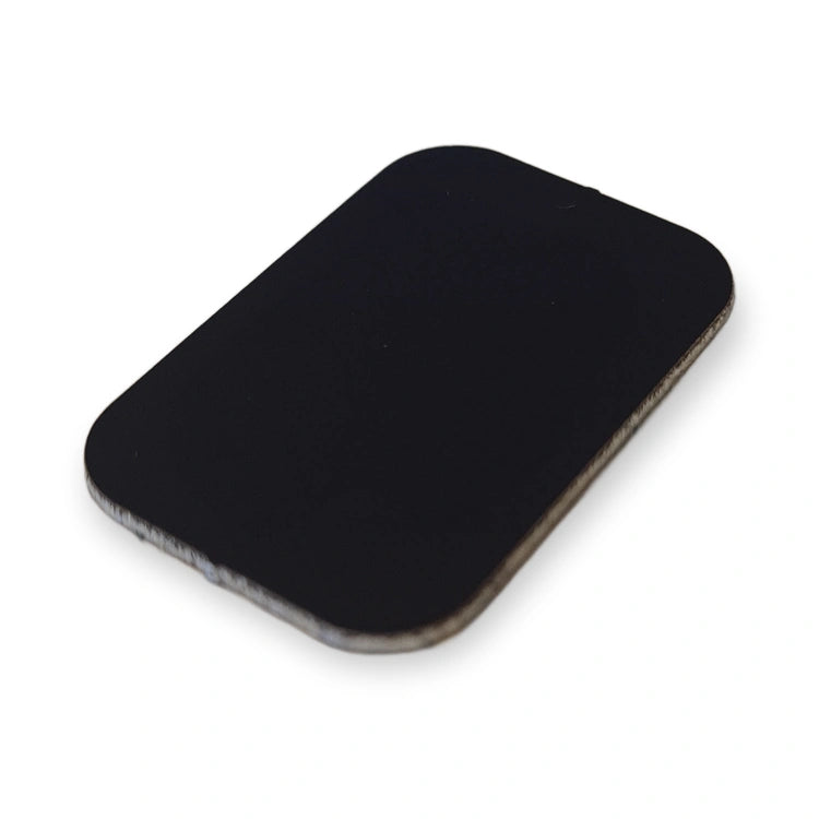 LiftLogic KK35 black aluminium button cap at an angle showing the thin profile, on white background.