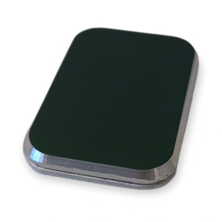 LiftLogic KK35 raised green aluminium button cap without engraving, three-quarter view with polished rim, on white background.