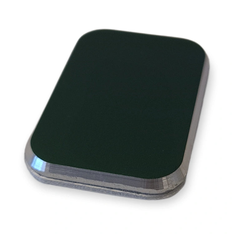 LiftLogic KK35 raised green aluminium button cap without engraving, three-quarter view with polished rim, on white background.