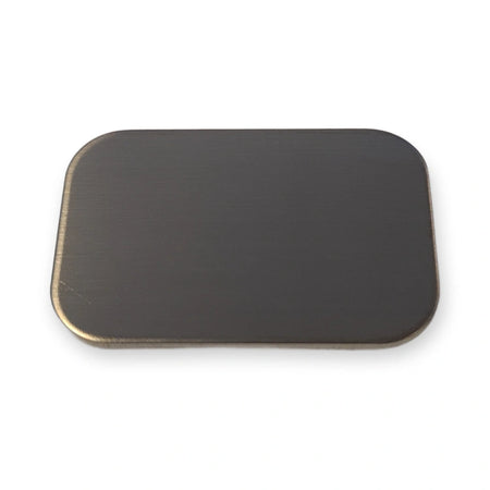 LiftLogic KK35 stainless steel button cap seen from above, brushed finish, on white background.