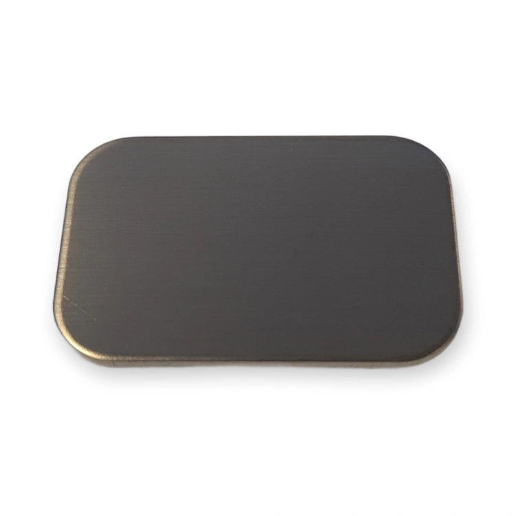 LiftLogic KK35 stainless steel button cap seen from above, brushed finish, on white background.