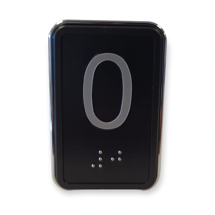 LiftLogic KK70 elevator push button, black face with chrome frame, milled numeral 0 and Braille, front view on white background.
