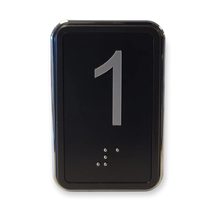 LiftLogic KK70 elevator push button, black face with chrome frame, milled numeral 1 and Braille, front view on white background.