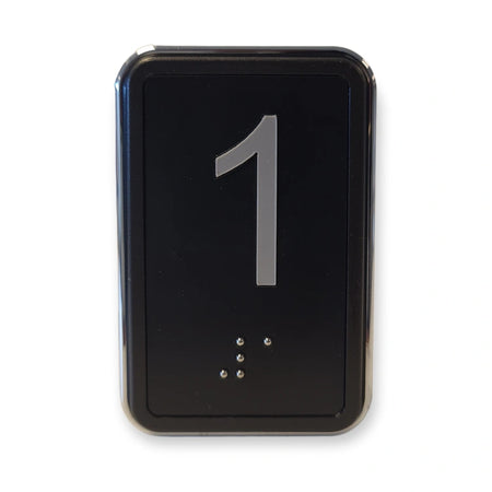LiftLogic KK70 elevator push button, black face with chrome frame, milled numeral 1 and Braille, front view on white background.