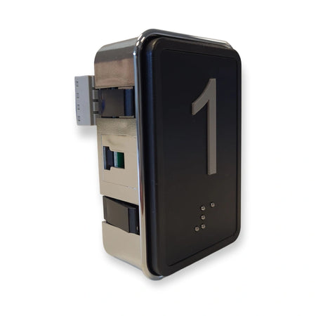 LiftLogic KK70 push button with numeral 1 seen from the side, chrome bezel and 4-pole connector, on white background.