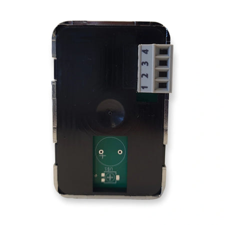Back of LiftLogic KK70 push button showing the circuit board, buzzer and 4-pole terminal block marked 1 2 3 4, on white background.
