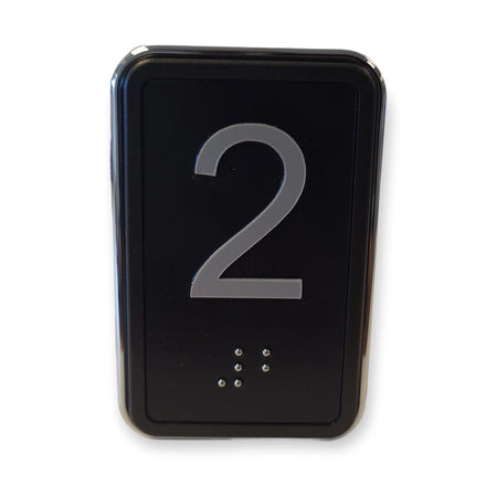 LiftLogic KK70 elevator push button, black face with chrome frame, milled numeral 2 and Braille, front view on white background.