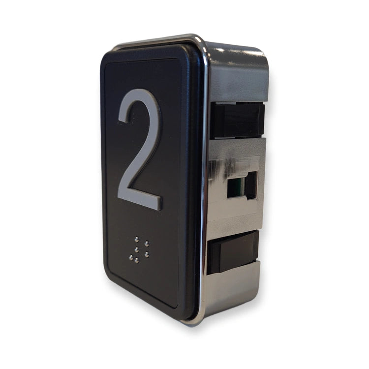 LiftLogic KK70 push button with numeral 2 seen from the side, chrome bezel and connector, on white background.