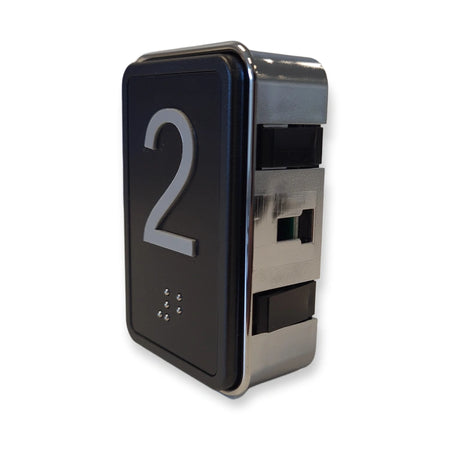 LiftLogic KK70 push button with numeral 2 seen from the side, chrome bezel and connector, on white background.