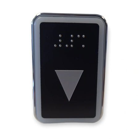 LiftLogic KK70 elevator push button, black face with chrome frame, arrow down symbol in relief and Braille, front view on white background.