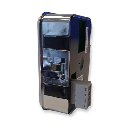 LiftLogic KK70 arrow down push button seen from the side, chrome bezel and 4-pole connector, on white background.