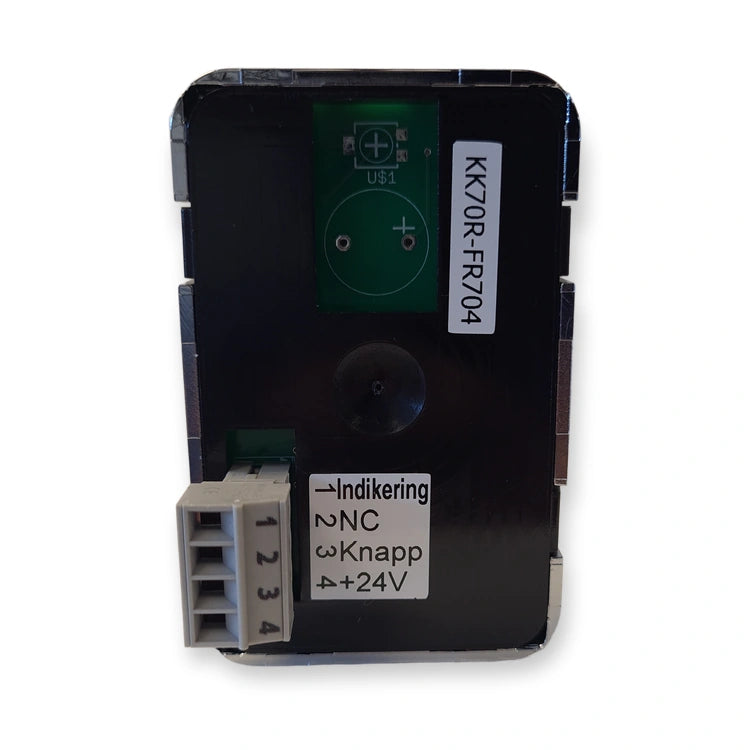 Back of LiftLogic KK70 arrow down push button, labelled KK70R-FR704 with terminals Indikering, NC, Knapp and plus 24V, on white background.