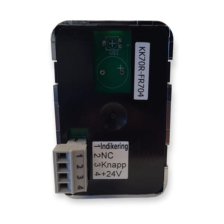 Back of LiftLogic KK70 arrow down push button, labelled KK70R-FR704 with terminals Indikering, NC, Knapp and plus 24V, on white background.