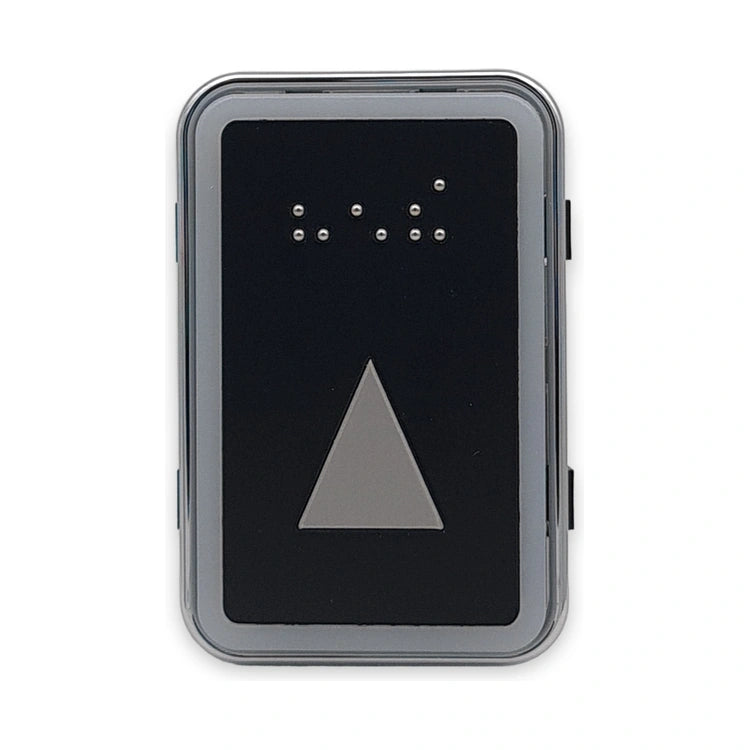 LiftLogic KK70 elevator push button, black face with chrome frame, arrow up symbol and Braille, red LED, front view on white background.