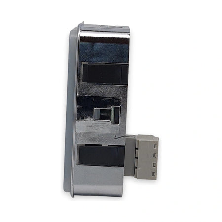 LiftLogic KK70 push button seen from the side, chrome bezel and 4-pole plug connector, on white background.